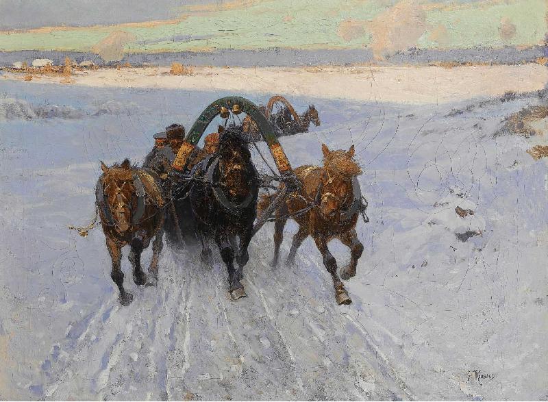 Franz Roubaud Troika racing through the snow France oil painting art